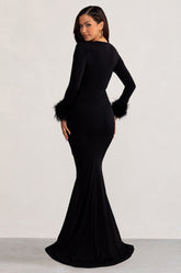 Black High Neck Long Sleeve Maxi Dress with Feather Cuffs